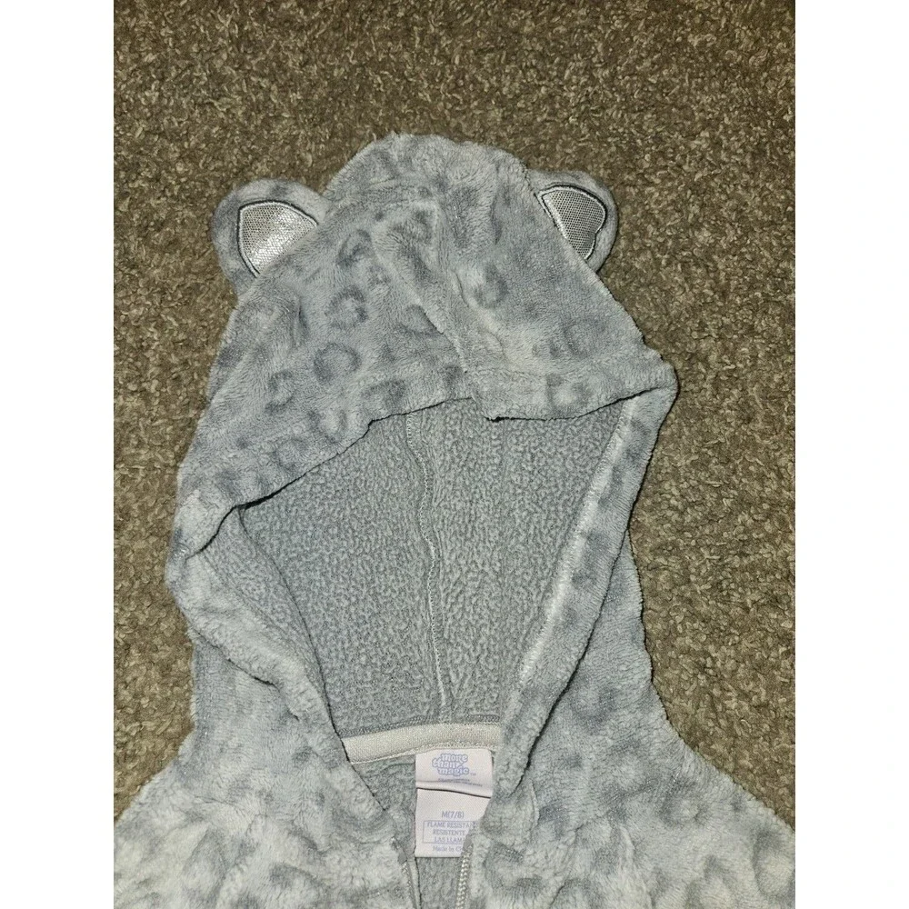 More Than Magic Kids Hooded Fleece One-Piece Sleeper Gray Leopard M 7/8